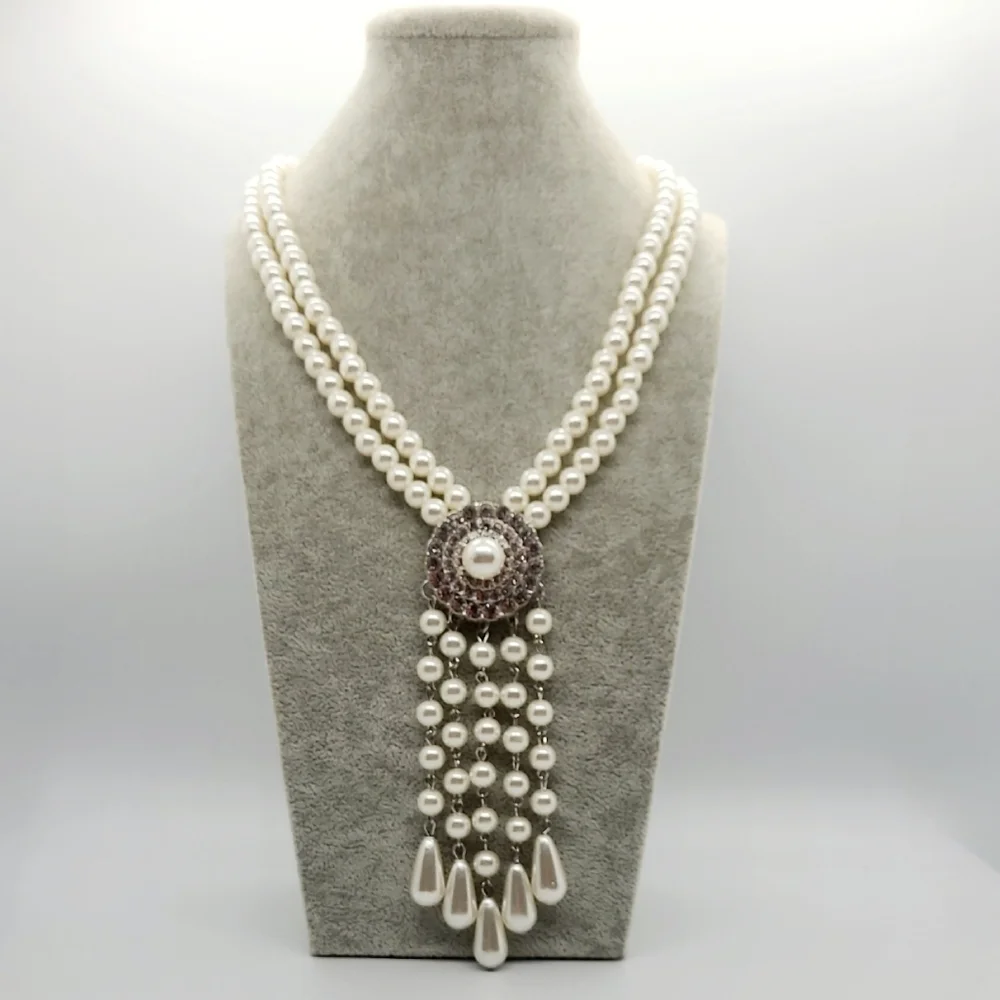 NWT Pearl Crystal Tassel Art Deco Silver Necklace & Earrings Set